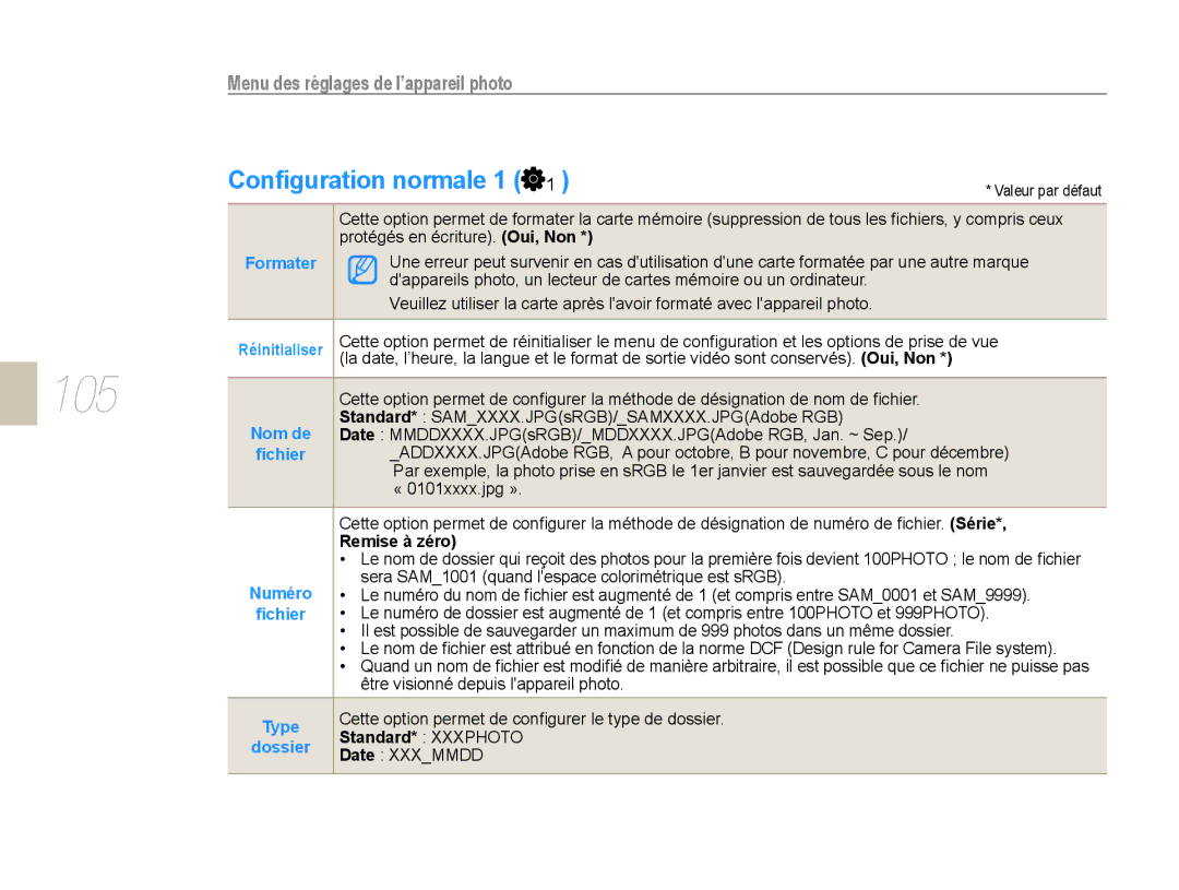 Samsung EV-NX10ZZAAB, EV-NX10ZZBABZA manual 105, Conﬁguration normale 1, Formater, Remise à zéro, Standard* Xxxphoto 