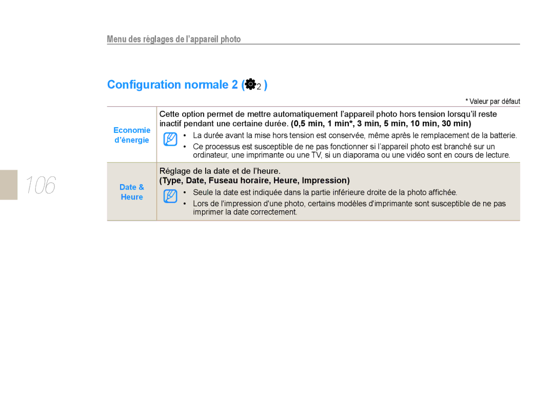 Samsung EV-NX10ZZBCBFR manual 106, Conﬁguration normale 2, Réglage de la date et de l’heure, Imprimer la date correctement 