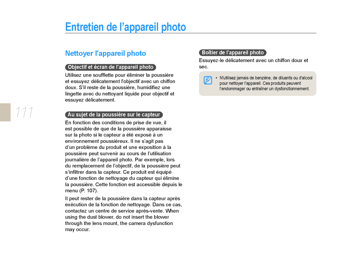 Samsung NX10-SEED/SEF manual Entretien de l’appareil photo, Nettoyer lappareil photo, Objectif et écran de lappareil photo 