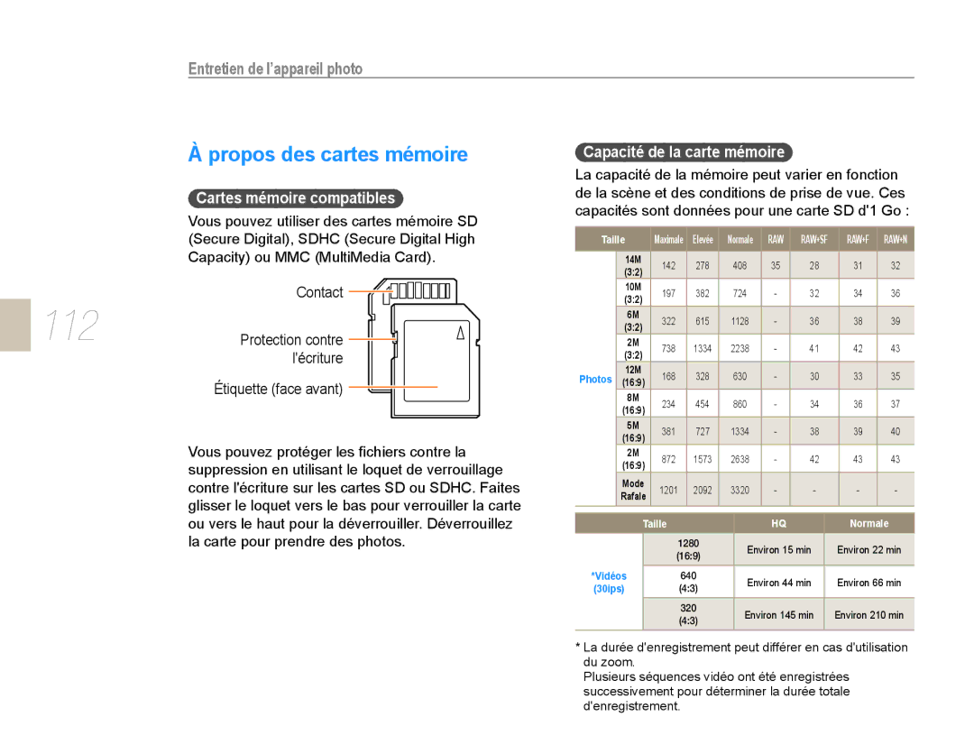 Samsung EV-NX10ZZBATFR manual 112, Propos des cartes mémoire, Entretien de l’appareil photo, Cartes mémoire compatibles 