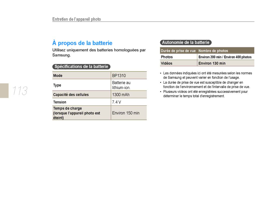Samsung EV-NX10ZZBABUS, NX10-SEED/SEF Propos de la batterie, Spéciﬁcations de la batterie Autonomie de la batterie, Photos 