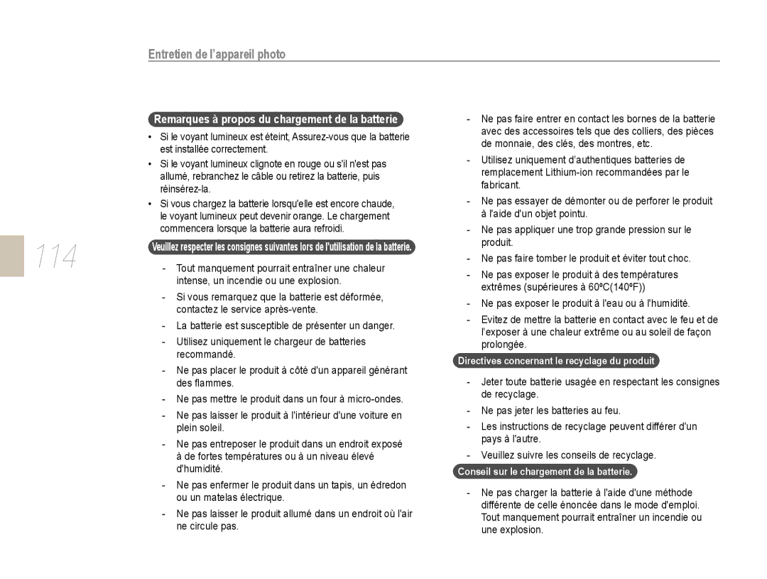 Samsung EV-NX10ZZBABFR manual Remarques à propos du chargement de la batterie, Intense, un incendie ou une explosion 