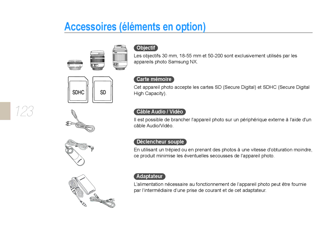 Samsung EV-NX10ZZBABUS manual Accessoires éléments en option, Objectif, Carte mémoire, Déclencheur souple, Adaptateur 