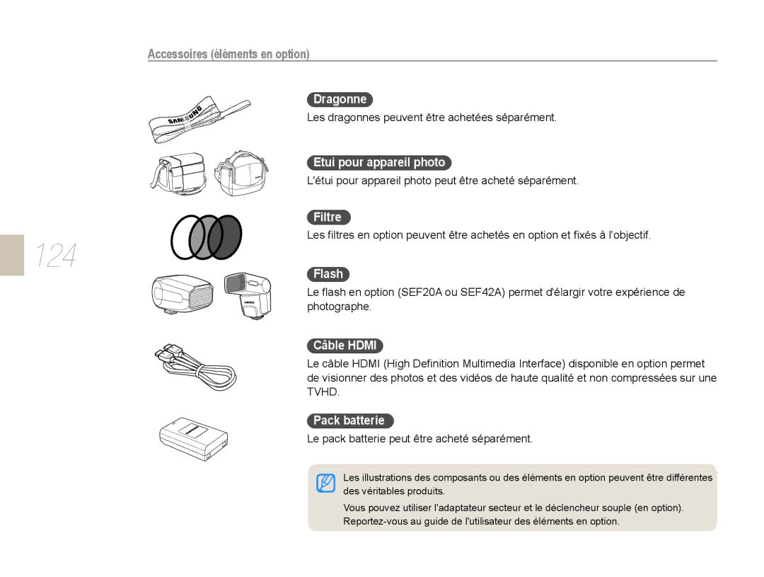 Samsung EV-NX10ZZBABFR, EV-NX10ZZBABZA, NX10-SEED/SEF, EV-NX10ZZBATFR, EV-NX10ZZBABUS manual Accessoires éléments en option 