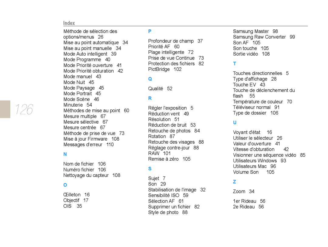 Samsung EV-NX10ZZBCBFR, EV-NX10ZZBABZA, NX10-SEED/SEF, EV-NX10ZZBATFR, EV-NX10ZZBABUS, EV-NX10ZZBABFR, EV-NX10ZZAAB 126, Index 