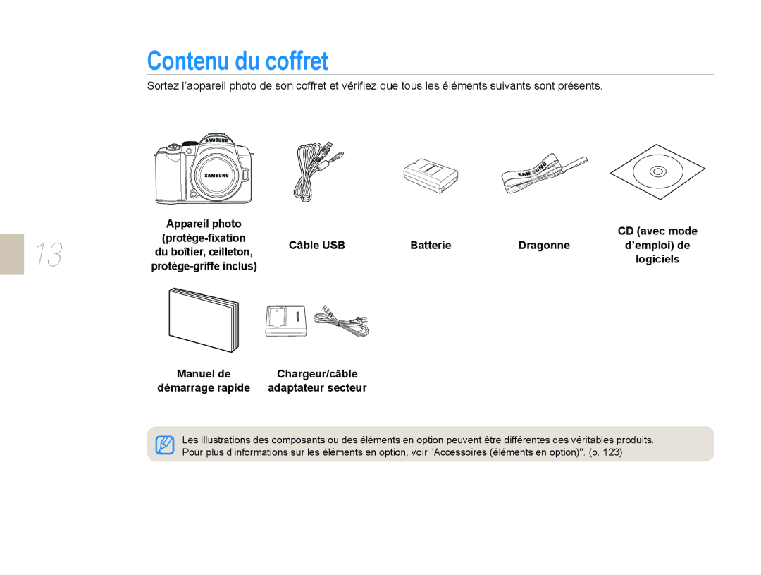 Samsung EV-NX10ZZBABUS, EV-NX10ZZBABZA, NX10-SEED/SEF, EV-NX10ZZBATFR manual Contenu du coffret, Câble USB Batterie Dragonne 