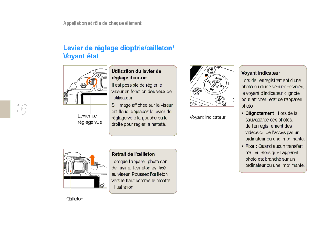 Samsung EV-NX10ZZBCBFR manual Levier de réglage dioptrie/œilleton/ Voyant état, Utilisation du levier de réglage dioptrie 