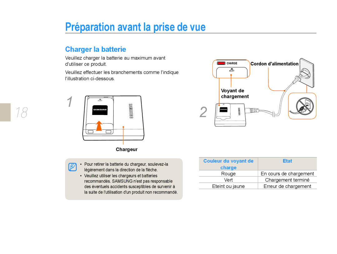 Samsung NX10PRTV05/SEF manual Préparation avant la prise de vue, Charger la batterie, Chargeur, Voyant de chargement 