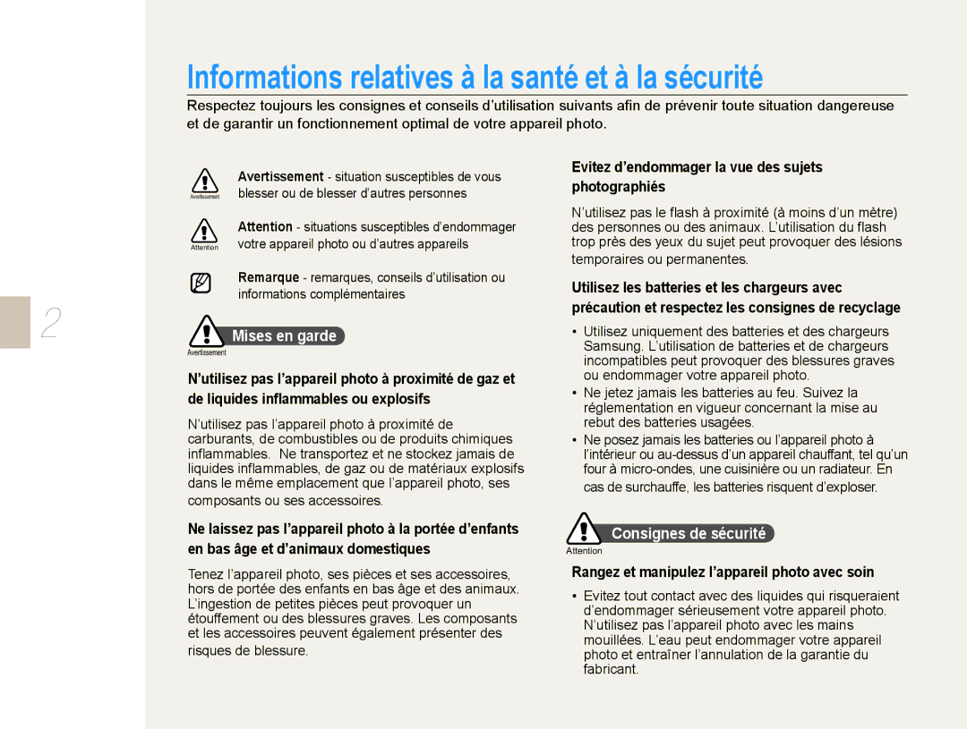 Samsung EV-NX10ZZBATFR, EV-NX10ZZBABZA manual Informations relatives à la santé et à la sécurité, Consignes de sécurité 