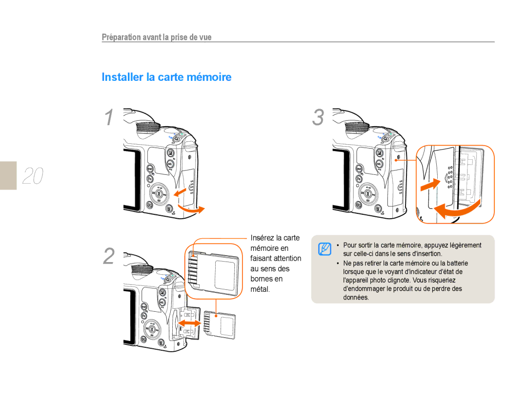 Samsung EV-NX10ZZBABZA, NX10-SEED/SEF, EV-NX10ZZBATFR manual Installer la carte mémoire, Préparation avant la prise de vue 