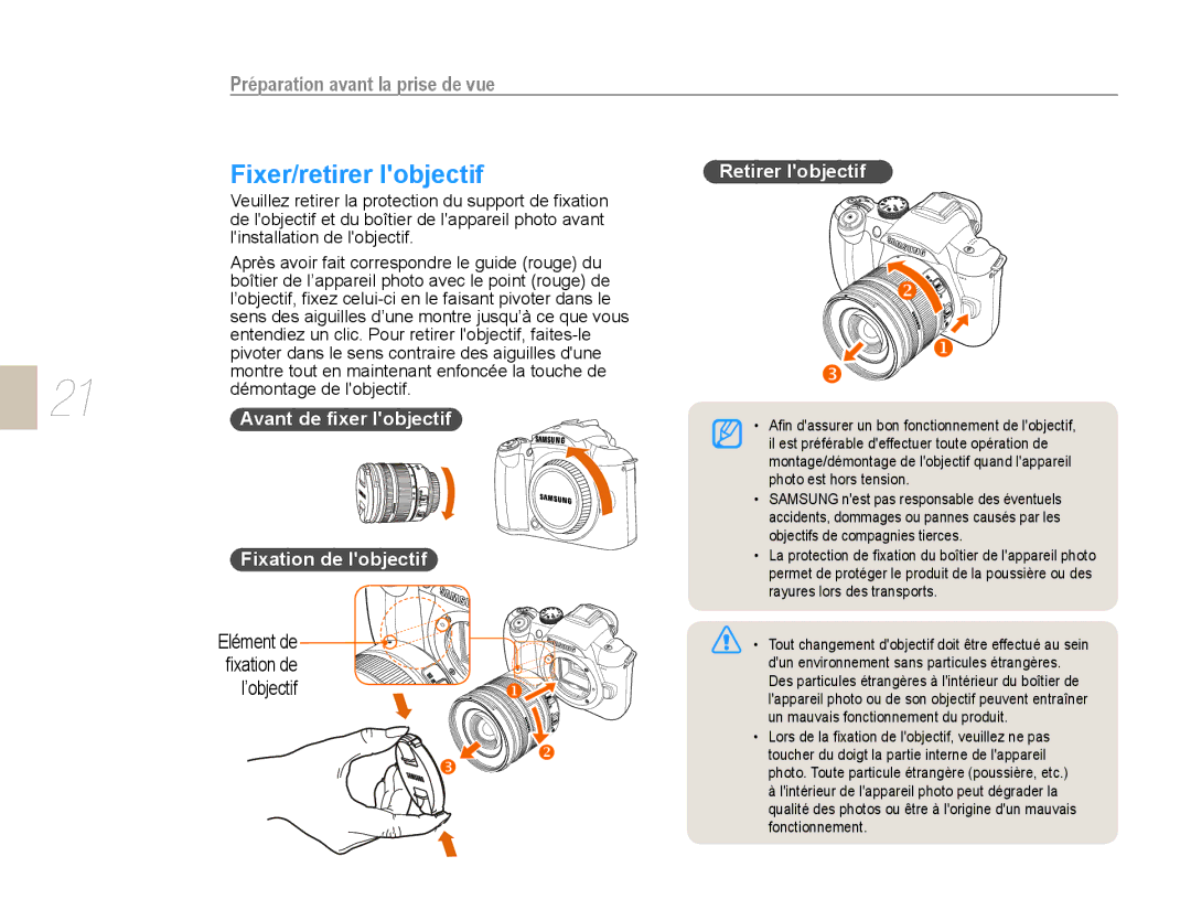 Samsung NX10-SEED/SEF, EV-NX10ZZBABZA, EV-NX10ZZBATFR Fixer/retirer lobjectif, Retirer lobjectif, Fixation de lobjectif 