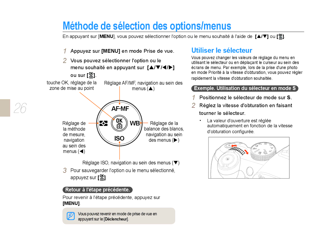 Samsung EV-NX10ZZBCBFR, EV-NX10ZZBABZA Méthode de sélection des options/menus, Utiliser le sélecteur, Tourner le sélecteur 