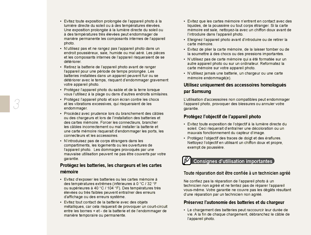 Samsung EV-NX10ZZBABUS Consignes d’utilisation importantes, Protégez les batteries, les chargeurs et les cartes mémoire 