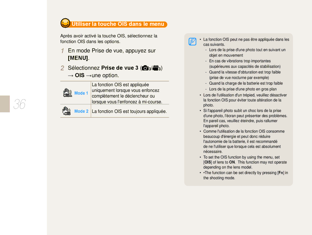 Samsung EV-NX10ZZBCBFR manual En mode Prise de vue, appuyez sur Menu, Sélectionnez Prise de vue 3 3/ 3 → OIS →une option 