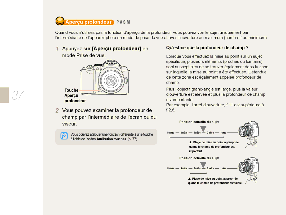 Samsung NX10PRTV06/SEF manual Appuyez sur Aperçu profondeur en mode Prise de vue, Quest-ce que la profondeur de champ ? 