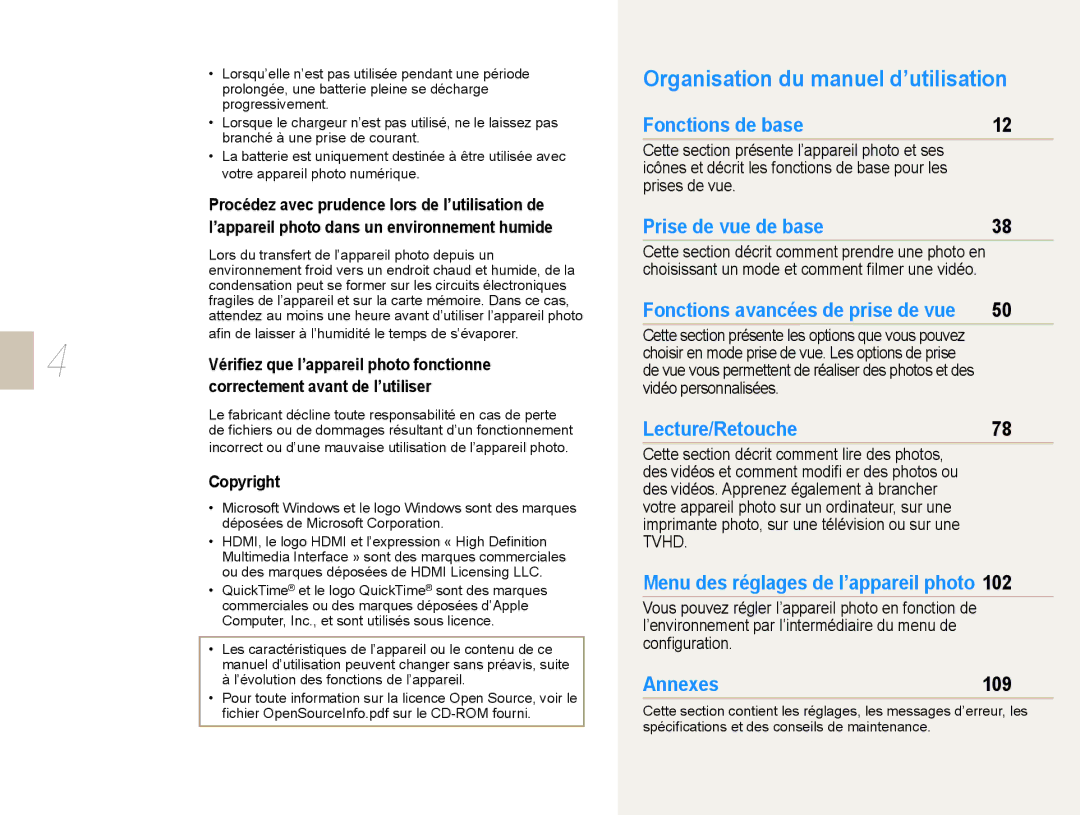 Samsung EV-NX10ZZBABFR, EV-NX10ZZBABZA, NX10-SEED/SEF manual Organisation du manuel d’utilisation, Copyright, Prises de vue 