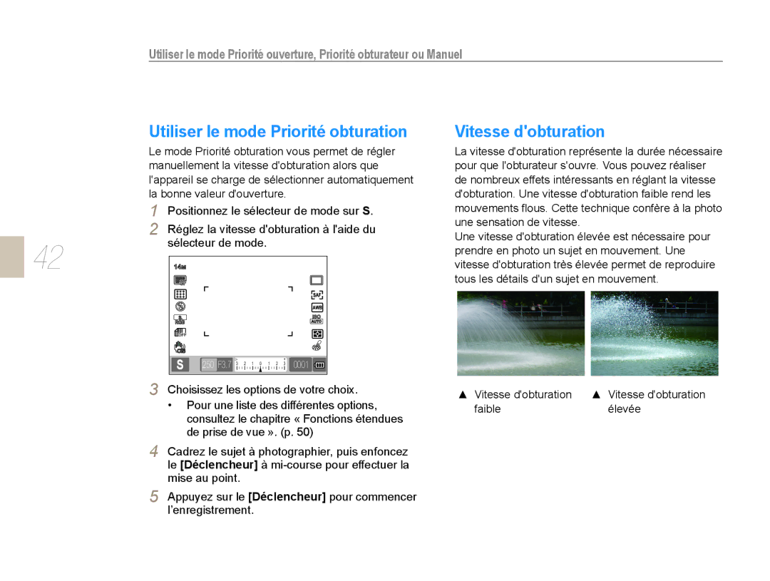 Samsung EV-NX10ZZBATFR, EV-NX10ZZBABZA, NX10-SEED/SEF, EV-NX10ZZBABUS, EV-NX10ZZBABFR Utiliser le mode Priorité obturation 