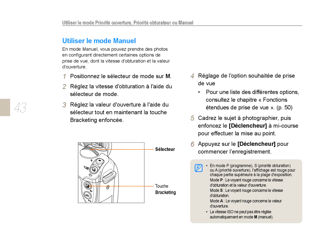 Samsung EV-NX10ZZBABUS, EV-NX10ZZBABZA, NX10-SEED/SEF, EV-NX10ZZBATFR, EV-NX10ZZBABFR, EV-NX10ZZAAB Utiliser le mode Manuel 