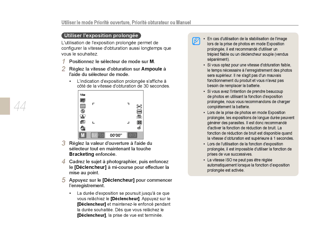 Samsung EV-NX10ZZBABFR, EV-NX10ZZBABZA, NX10-SEED/SEF, EV-NX10ZZBATFR, EV-NX10ZZBABUS manual Utiliser lexposition prolongée 