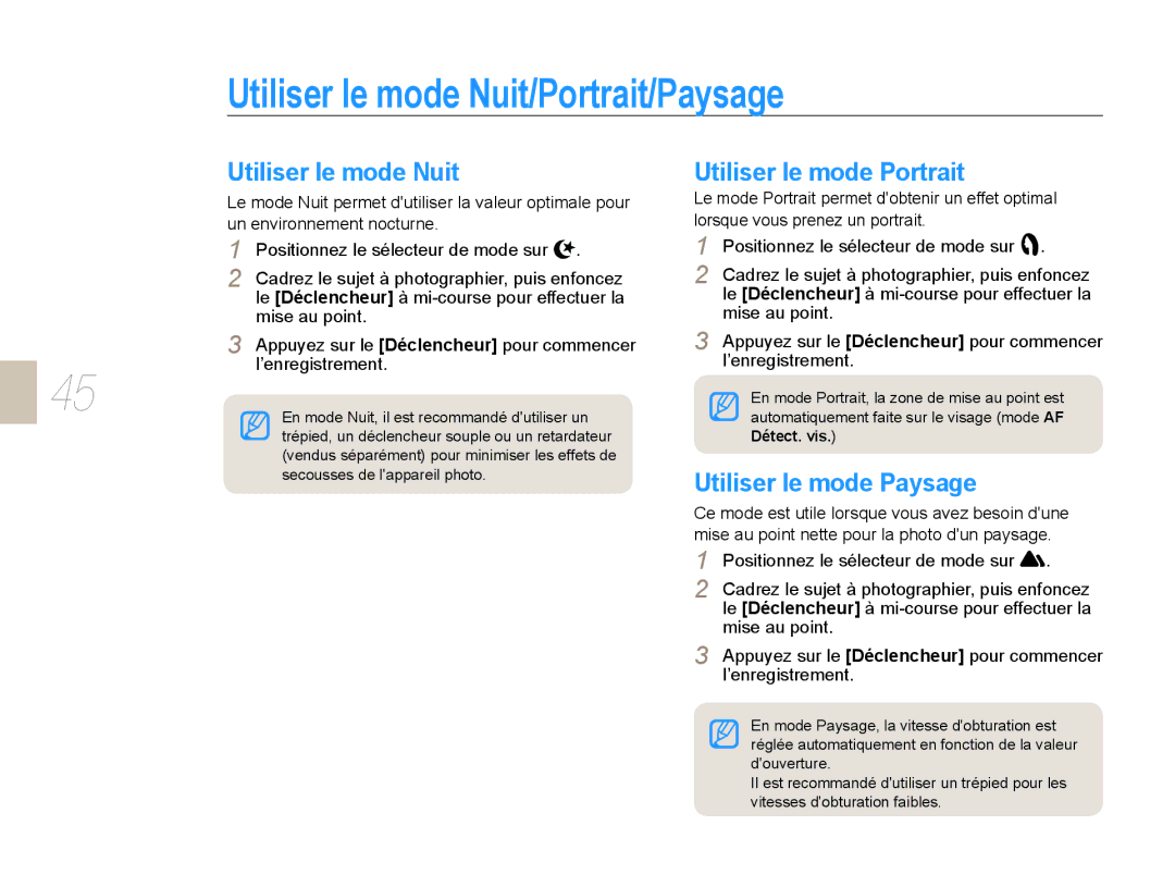 Samsung EV-NX10ZZAAB manual Utiliser le mode Nuit/Portrait/Paysage, Utiliser le mode Portrait, Utiliser le mode Paysage 