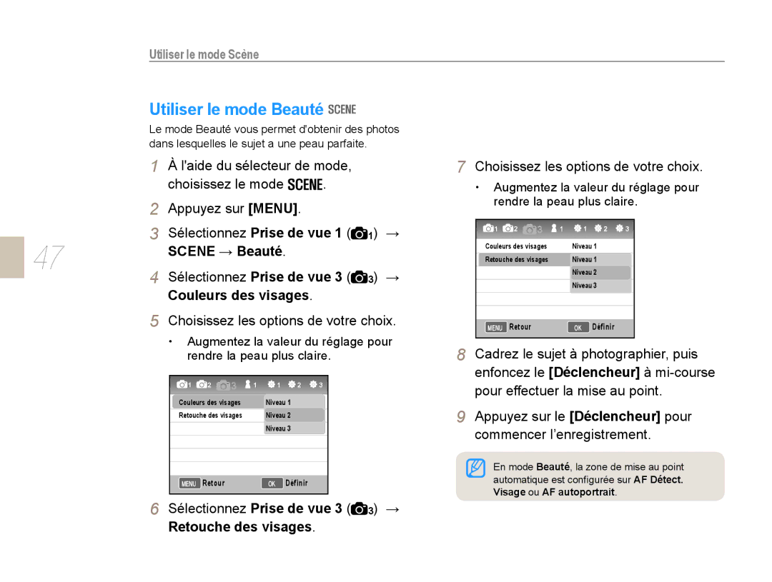 Samsung NX10PRTV06/SEF Utiliser le mode Beauté, Utiliser le mode Scène, Couleurs des visages, Rendre la peau plus claire 