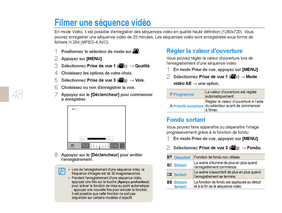 Samsung NX10PRTV05/SEF, EV-NX10ZZBABZA, NX10-SEED/SEF Filmer une séquence vidéo, Régler la valeur douverture, Fondu sortant 