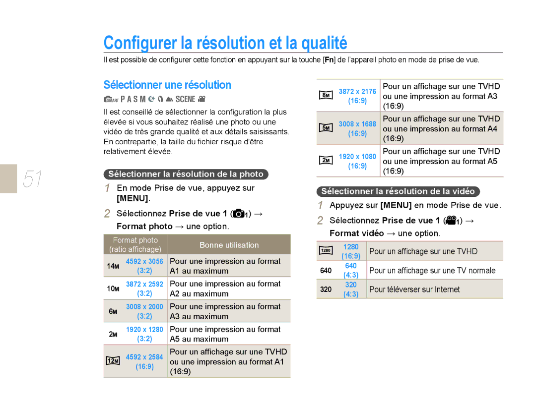 Samsung NX10-SEED/SEF manual Conﬁgurer la résolution et la qualité, Sélectionner une résolution, Format photo → une option 