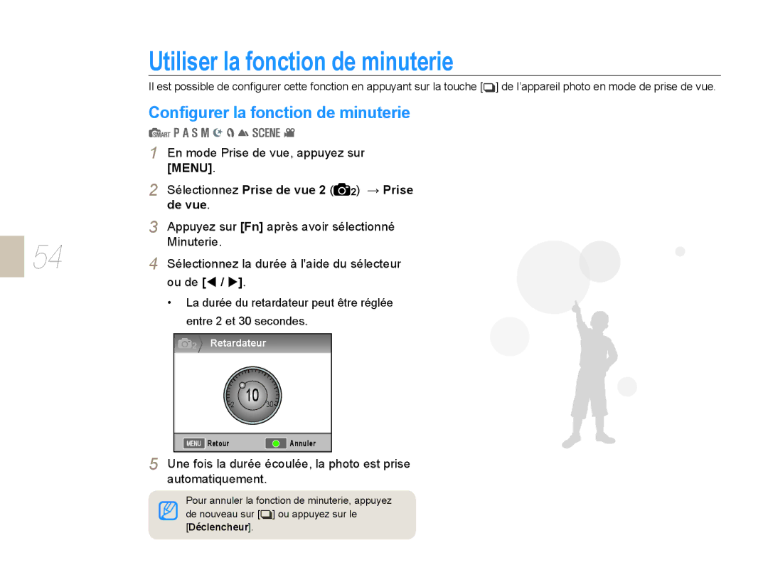 Samsung EV-NX10ZZBABFR, EV-NX10ZZBABZA manual Utiliser la fonction de minuterie, Conﬁgurer la fonction de minuterie, De vue 