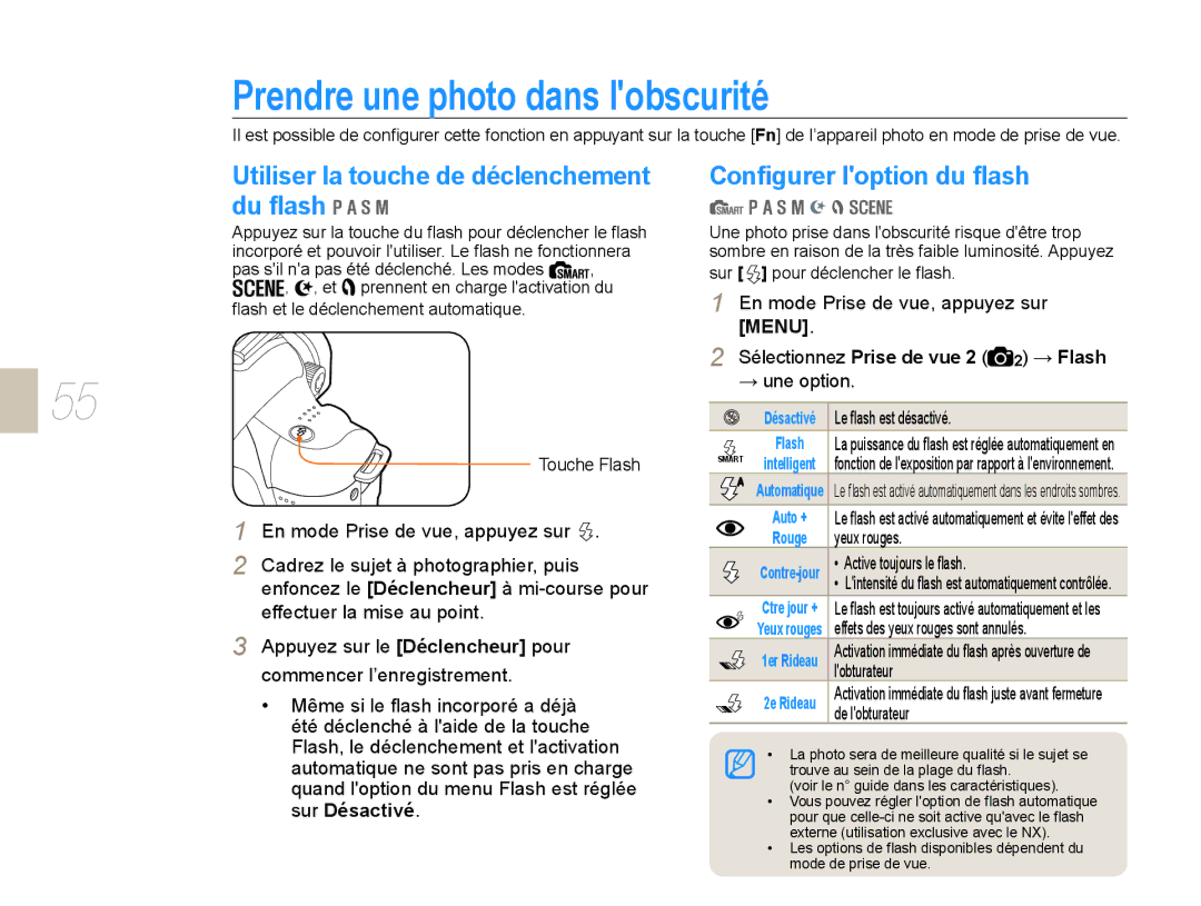 Samsung EV-NX10ZZAAB manual Prendre une photo dans lobscurité, Utiliser la touche de déclenchement du ﬂash, → une option 