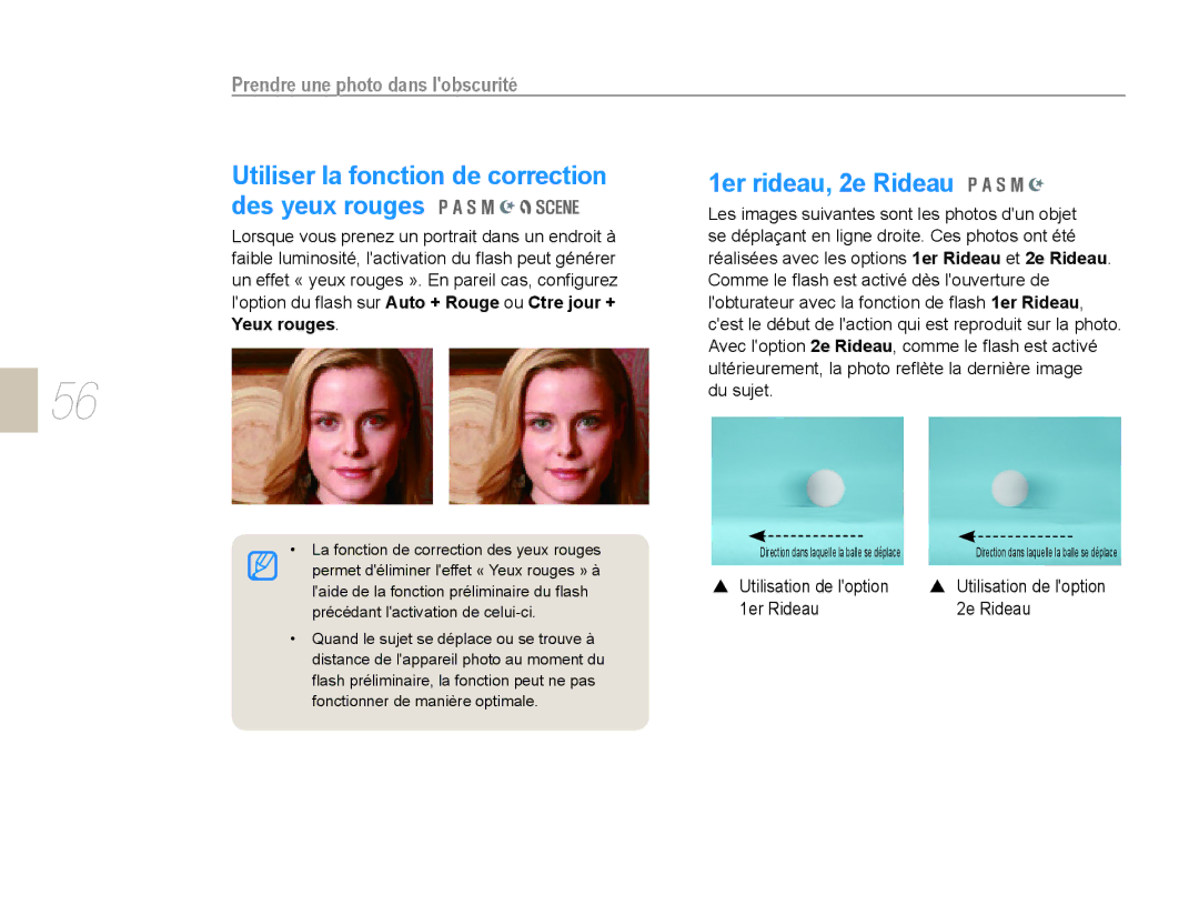 Samsung EV-NX10ZZBCBFR manual 1er rideau, 2e Rideau, Prendre une photo dans lobscurité, Du sujet, Utilisation de loption 