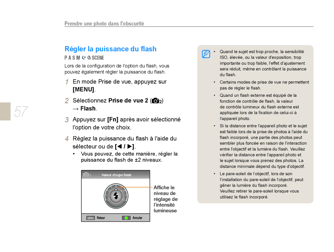 Samsung NX10PRTV06/SEF Régler la puissance du ﬂash, En mode Prise de vue, appuyez sur, → Flash, Sélectionnez Prise de vue 