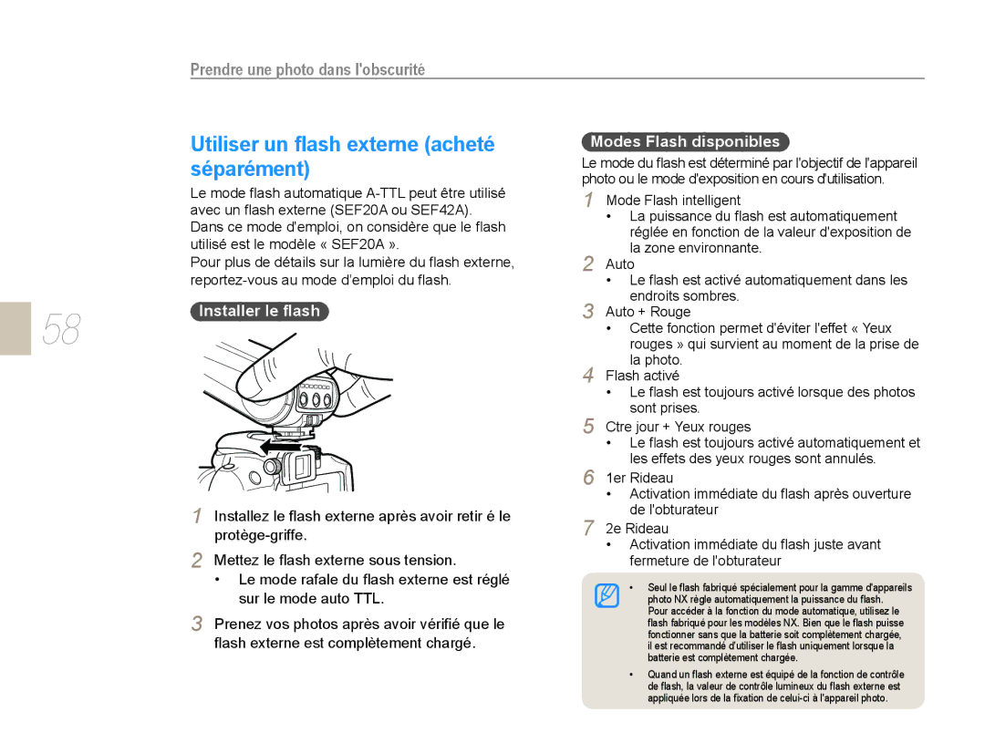 Samsung NX10PRTV05/SEF manual Utiliser un ﬂash externe acheté, Séparément, Modes Flash disponibles, Installer le ﬂash 