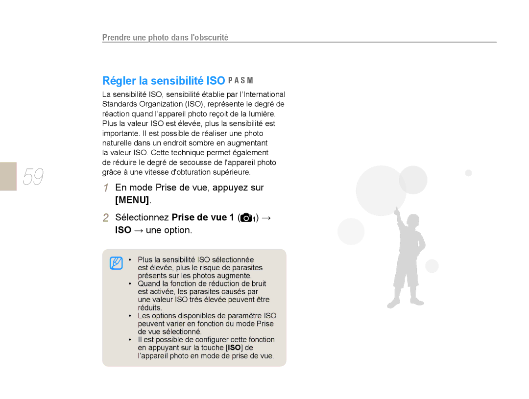 Samsung NX10PRTV07/SEF, EV-NX10ZZBABZA, NX10-SEED/SEF, EV-NX10ZZBATFR manual Régler la sensibilité ISO, Menu, ISO → une option 