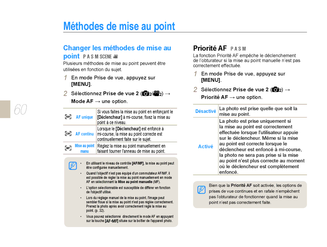 Samsung EV-NX10ZZBABZA, NX10-SEED/SEF, EV-NX10ZZBATFR manual Méthodes de mise au point, Changer les méthodes de mise au point 