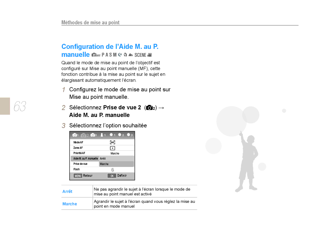 Samsung EV-NX10ZZBABUS, EV-NX10ZZBABZA manual Conﬁguration de l’Aide M. au P. manuelle, Sélectionnez l’option souhaitée 