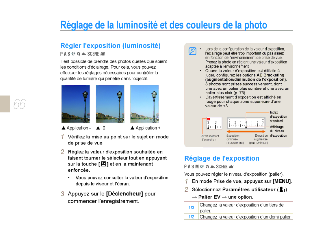 Samsung EV-NX10ZZBCBFR, EV-NX10ZZBABZA Réglage de la luminosité et des couleurs de la photo, Régler lexposition luminosité 