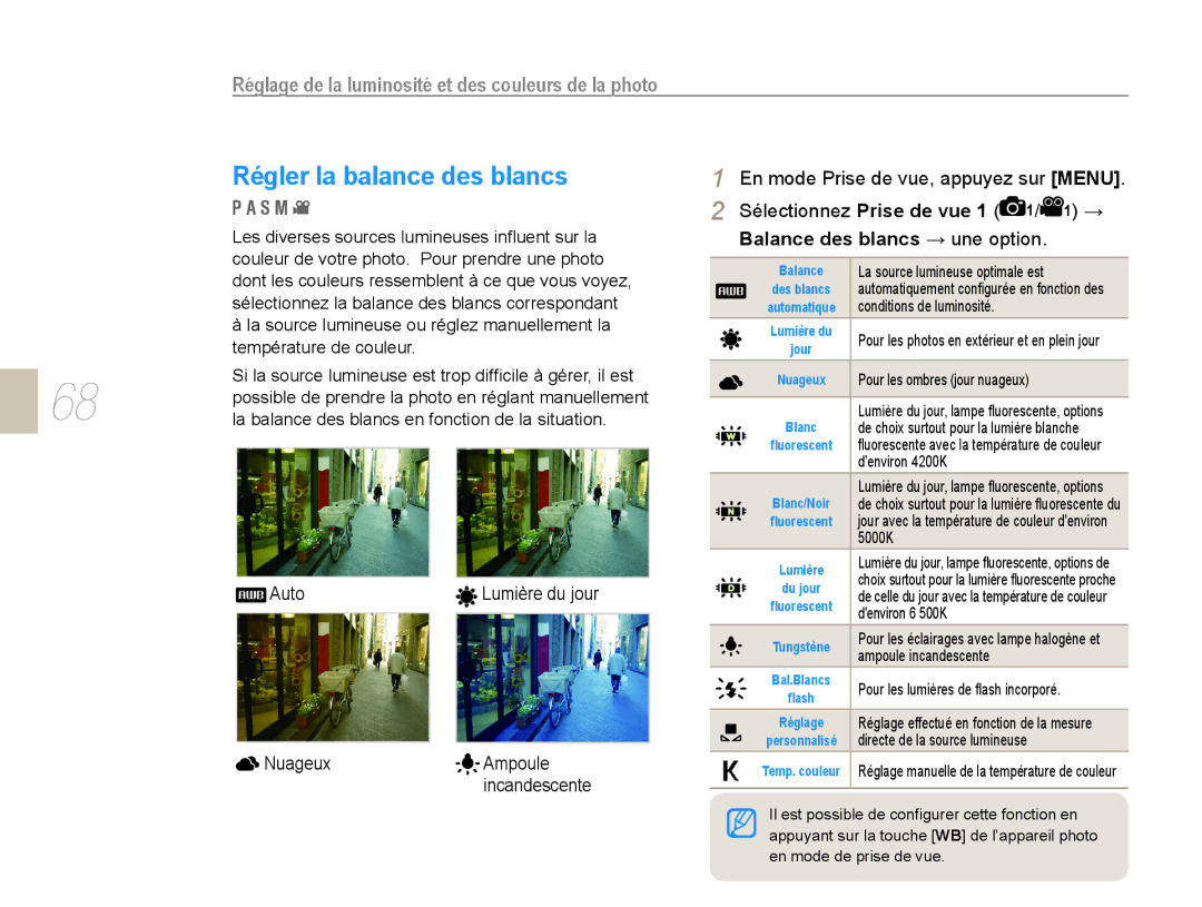 Samsung NX10PRTV05/SEF Régler la balance des blancs, Sélectionnez Prise de vue 1 1/ 1 →, Balance des blancs → une option 