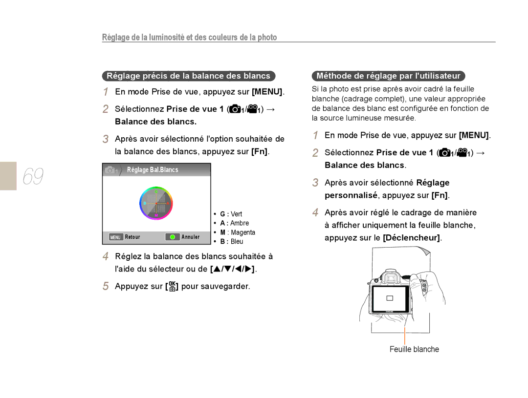 Samsung NX10PRTV07/SEF, EV-NX10ZZBABZA manual Réglage précis de la balance des blancs, Balance des blancs, Feuille blanche 