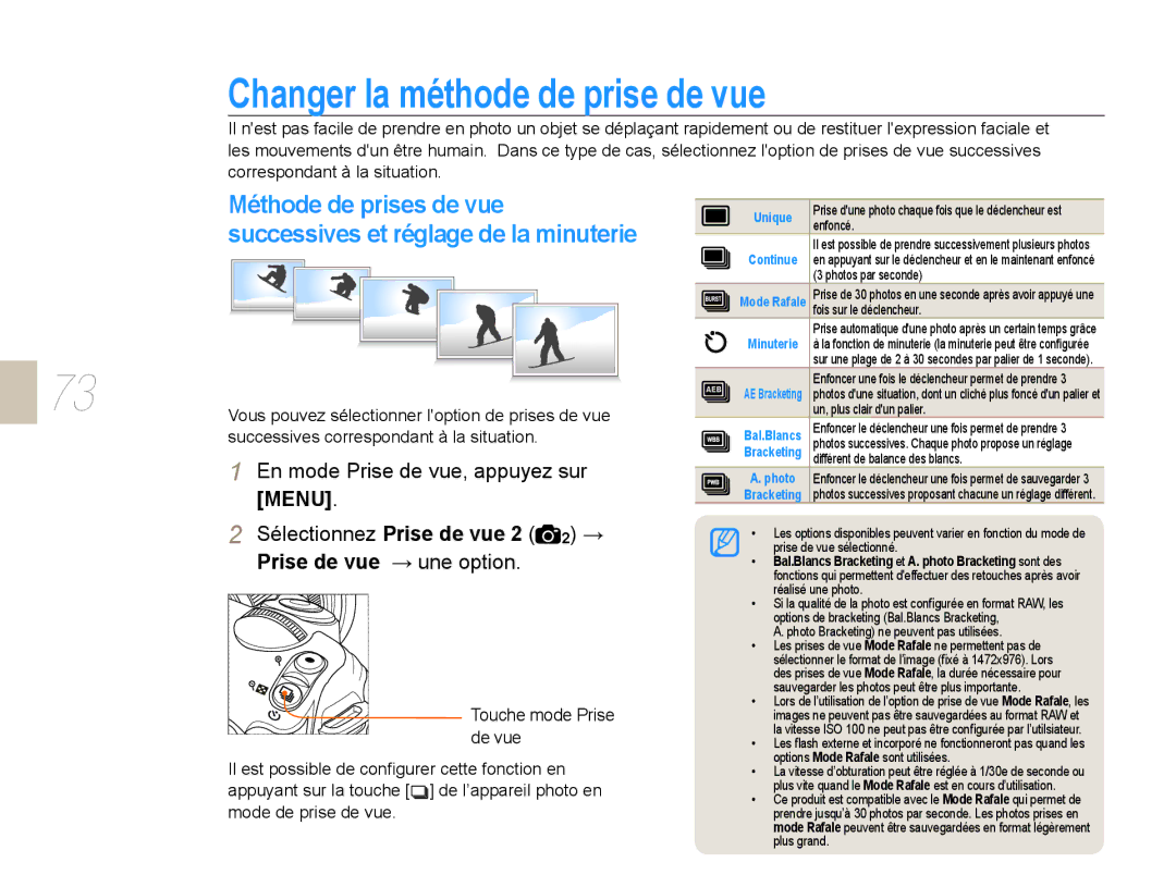 Samsung EV-NX10ZZBABUS manual Changer la méthode de prise de vue, Méthode de prises de vue, Sélectionnez Prise de vue 