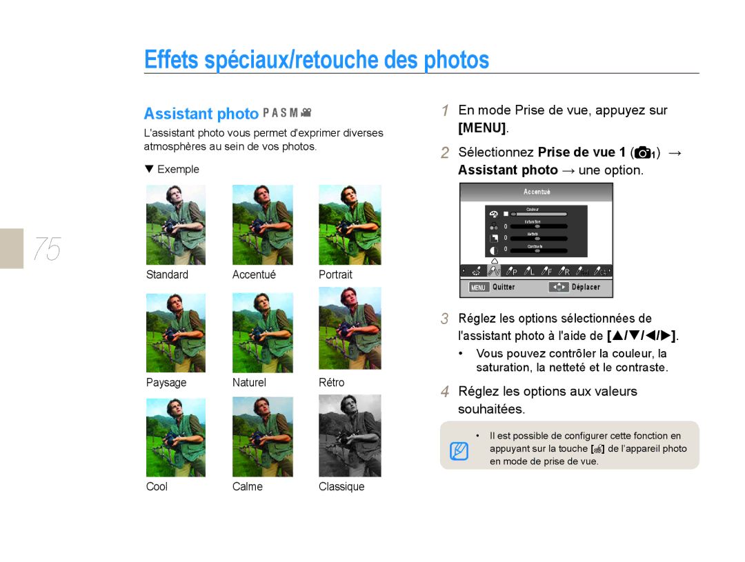 Samsung EV-NX10ZZAAB manual Effets spéciaux/retouche des photos, Assistant photo, Réglez les options aux valeurs souhaitées 