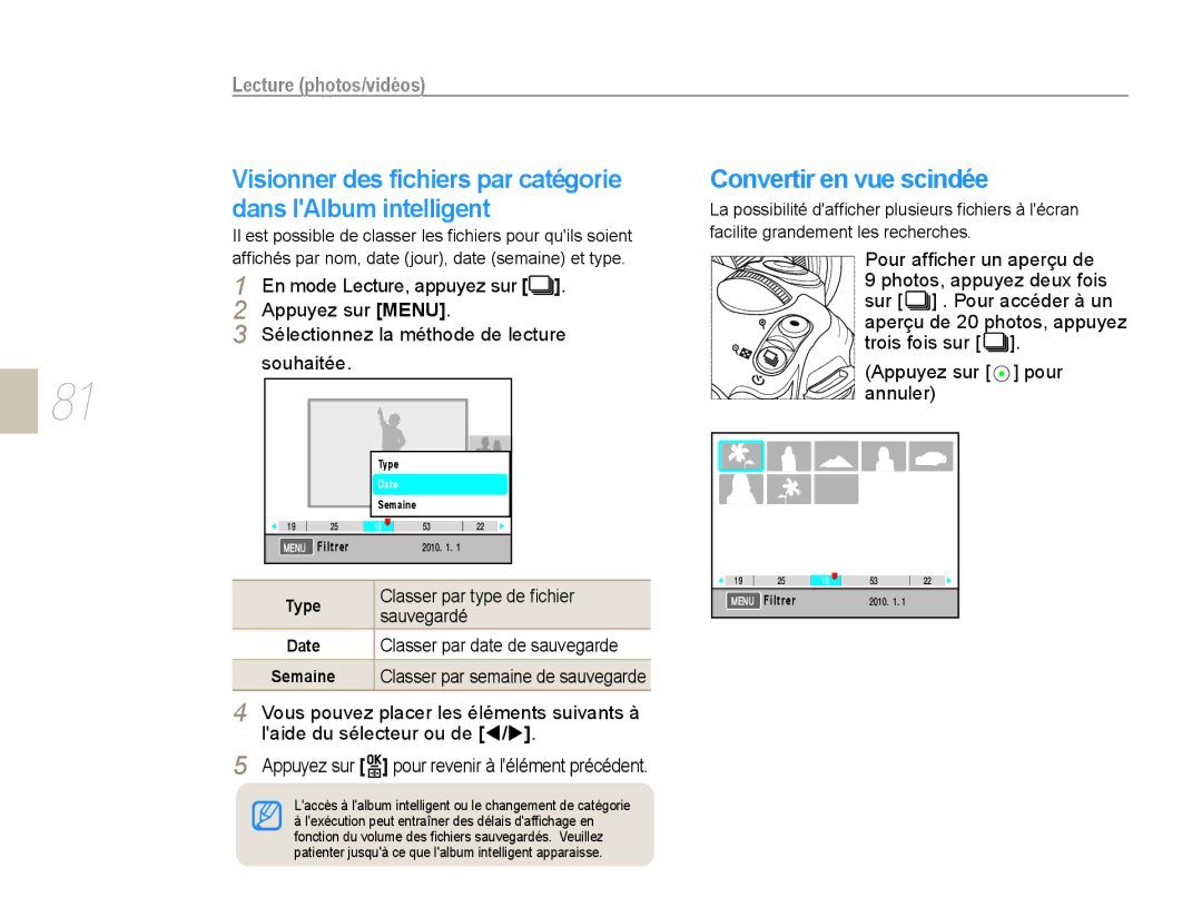 Samsung NX10-SEED/SEF, EV-NX10ZZBABZA manual Convertir en vue scindée, Pour afﬁcher un aperçu de, Photos, appuyez deux fois 