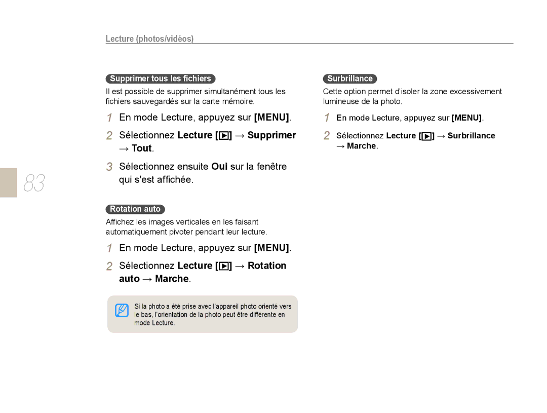 Samsung EV-NX10ZZBABUS manual Sélectionnez Lecture → Supprimer, → Tout, Sélectionnez Lecture → Rotation, Auto → Marche 