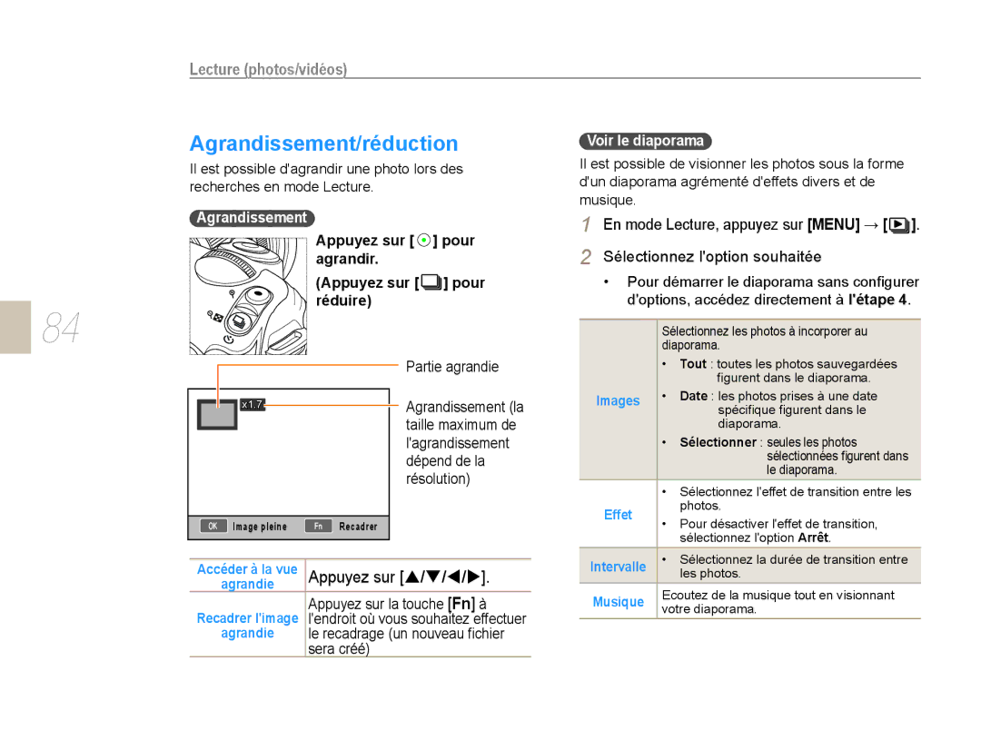 Samsung EV-NX10ZZBABFR, EV-NX10ZZBABZA Agrandissement/réduction, Appuyez sur S/T/W/X, Appuyez sur Pour Agrandir Réduire 