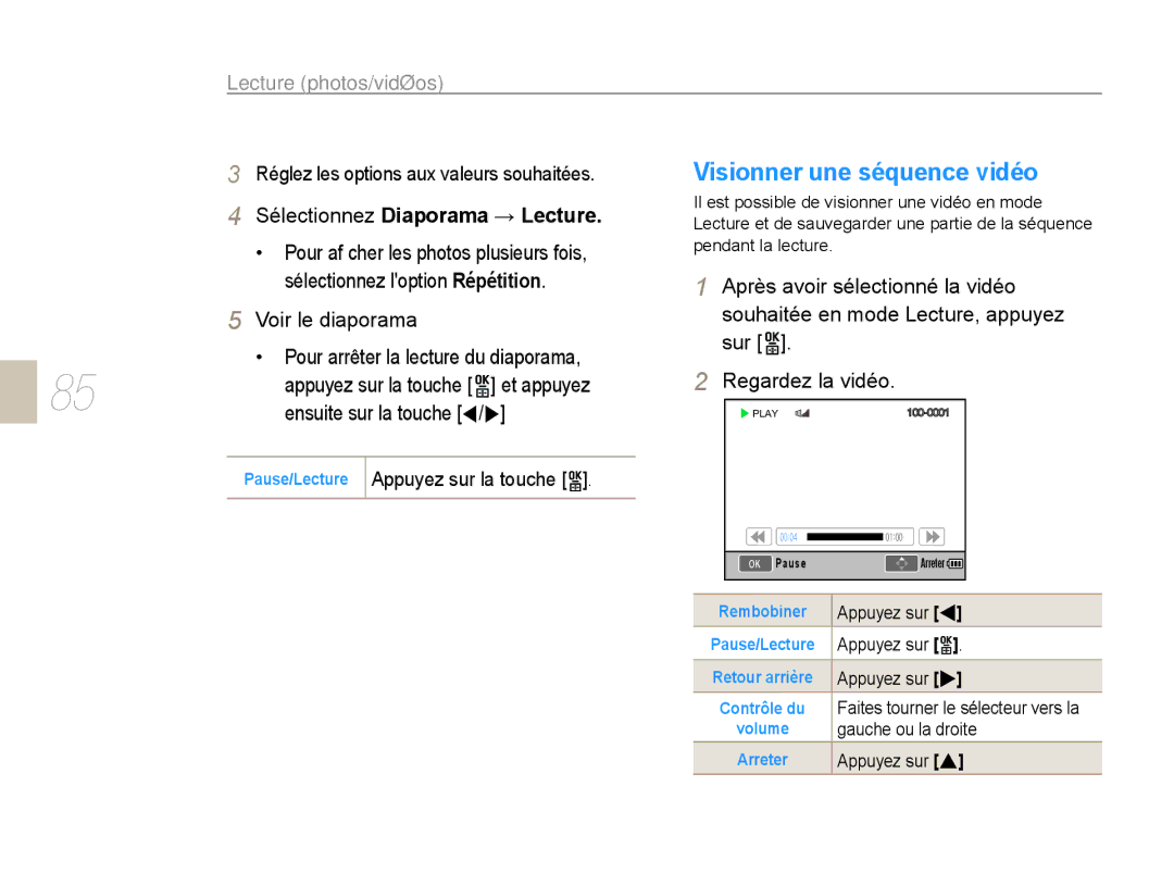 Samsung EV-NX10ZZAAB manual Sélectionnez Diaporama → Lecture, Voir le diaporama Pour arrêter la lecture du diaporama 