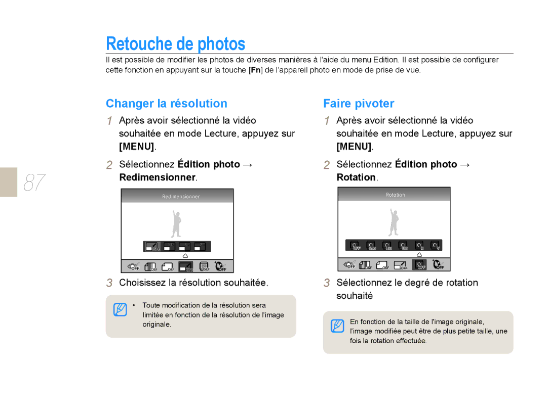 Samsung NX10PRTV06/SEF, EV-NX10ZZBABZA manual Retouche de photos, Changer la résolution, Faire pivoter, Redimensionner 