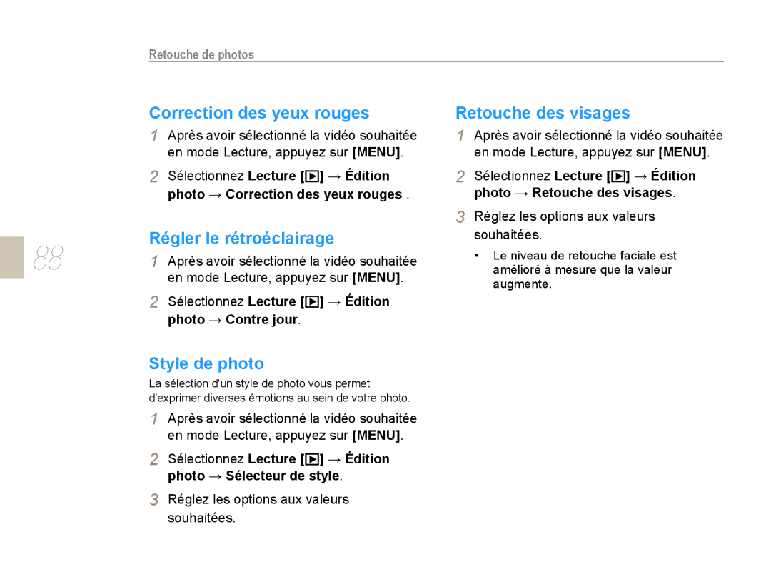 Samsung NX10PRTV05/SEF manual Correction des yeux rouges Retouche des visages, Régler le rétroéclairage, Style de photo 