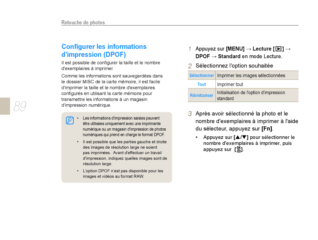 Samsung NX10PRTV07/SEF, EV-NX10ZZBABZA manual Conﬁgurer les informations, Dimpression Dpof, Sélectionnez loption souhaitée 