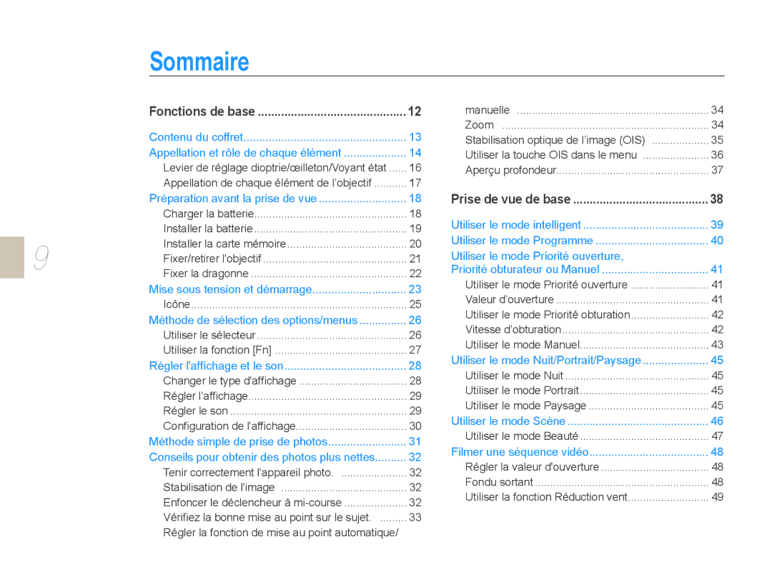 Samsung NX10PRTV07/SEF, EV-NX10ZZBABZA, NX10-SEED/SEF, EV-NX10ZZBATFR, EV-NX10ZZBABUS manual Sommaire, Fonctions de base 