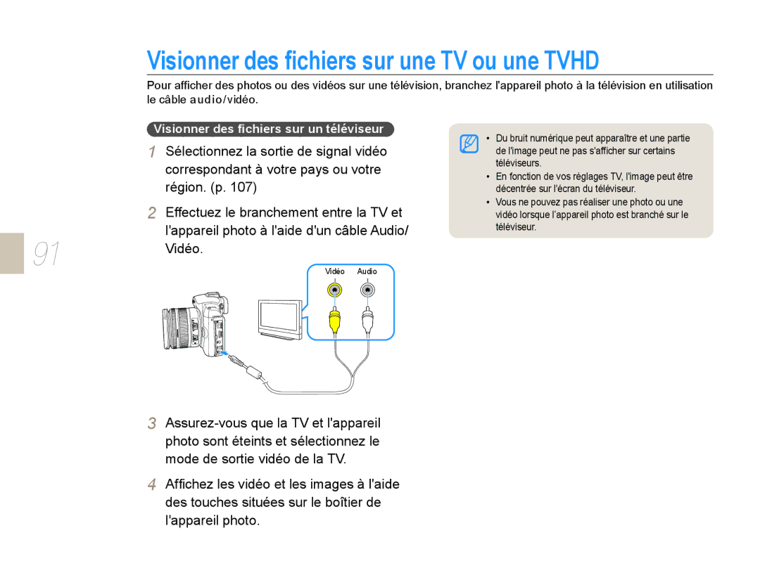 Samsung NX10-SEED/SEF, EV-NX10ZZAAB Visionner des ﬁchiers sur une TV ou une Tvhd, Visionner des ﬁchiers sur un téléviseur 