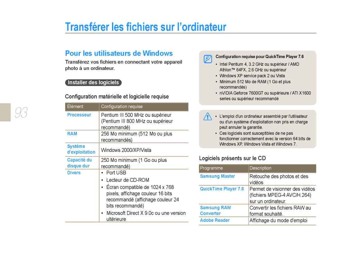 Samsung EV-NX10ZZBABUS Transférer les ﬁchiers sur l’ordinateur, Pour les utilisateurs de Windows, Installer des logiciels 